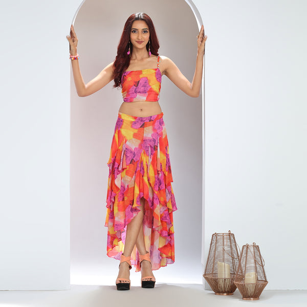 Halter Top and High-Low Layered Skirt Set: A Statement in Vibrant Colors